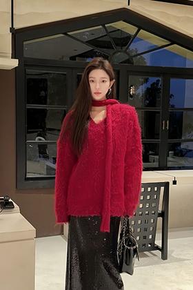 SIA SAYLOR 红色优雅挂脖飘带V领休闲毛衣 21421