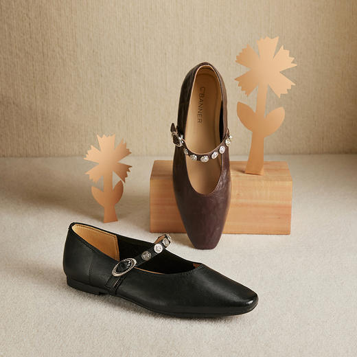 千百度低跟手抓皮羊皮玛丽珍鞋女浅口舒适轻便平底鞋A25425182 商品图1