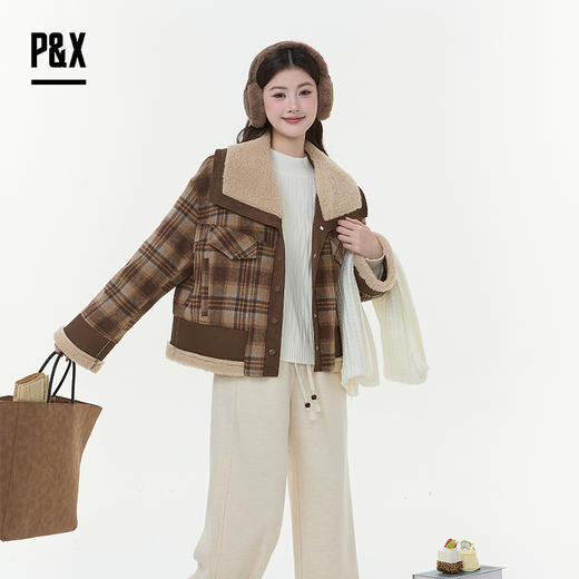 P&X设计师女装2025冬季格子小香风加绒拼短款外套825413239 咖色 商品图2
