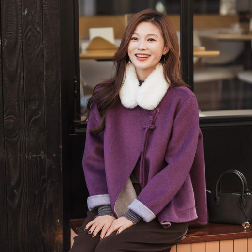 【林栖设计小店】（现货紧俏）绵羊毛双面呢紫色粉色国风新中式显瘦2025秋冬新款短款外套女T1954261 商品图1