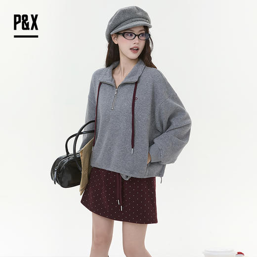 P&X设计师女装2025冬季休闲风加绒时尚套装短裙 825414198 灰/红 商品图0