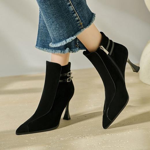 【预售5天】欧美真皮磨砂粗高跟短靴，时尚豹纹尖头显瘦时装靴舒适百搭马丁单靴QS&756 商品图4