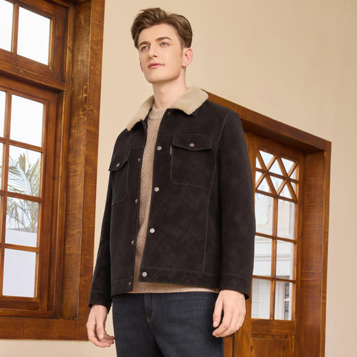 半身缘男装 冬季复古黑色都市休闲羽绒服领可拆卸254312U01710133 商品图1