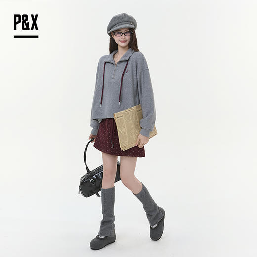 P&X设计师女装2025冬季休闲风加绒时尚套装短裙 825414198 灰/红 商品图1