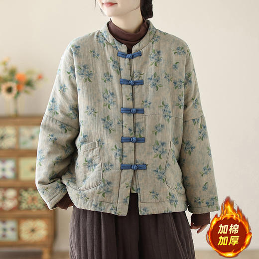 C070-2681新中式全棉复古盘扣棉服女文艺印花宽松夹棉保暖棉衣外套 商品图3