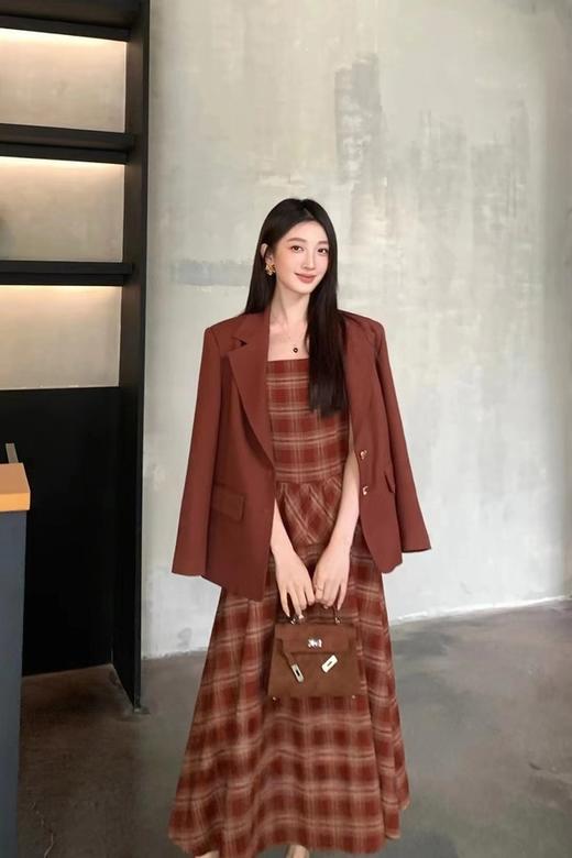 amadella 复古红色格子吊带收腰长款连衣裙 21515 商品图3