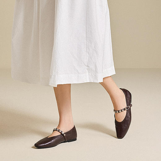 千百度低跟手抓皮羊皮玛丽珍鞋女浅口舒适轻便平底鞋A25425182 商品图2