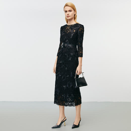 EITIE爱特爱气质V领优雅精致蕾丝提花礼服连衣裙秋季新款7977608 商品图6