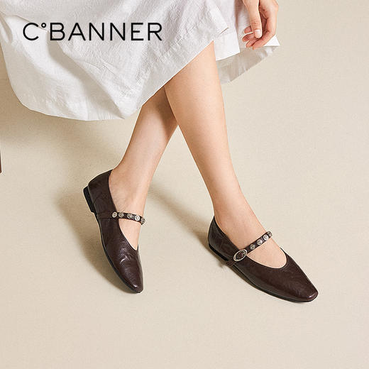 千百度低跟手抓皮羊皮玛丽珍鞋女浅口舒适轻便平底鞋A25425182 商品图0