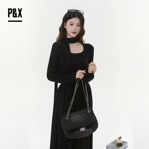 P&X设计师女装2025冬季小黑裙法式系针织连衣长裙 825408108 黑色 商品图3