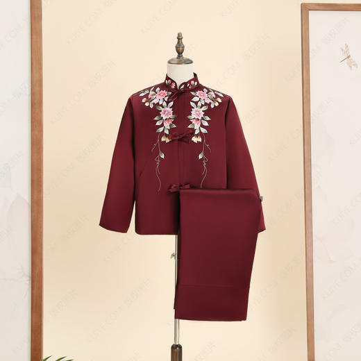 高品质寿服女棉套“花落枝摇”（酒红色、深枣红）百年传统工艺寿衣 商品图0