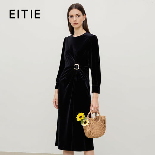 EITIE爱特爱秋季新款气质高级感法式紫色丝绒钉珠收腰礼服连衣裙7977615 商品图1