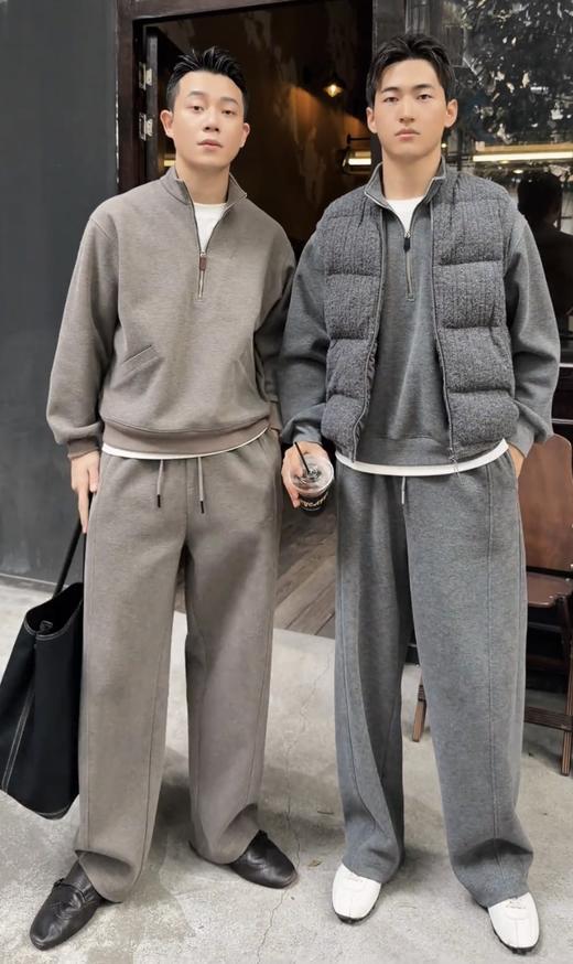 【富春山居套装】2025男士冬季简约时尚休闲老钱风半拉链设计款男士立领假两件卫衣长裤套装 商品图2