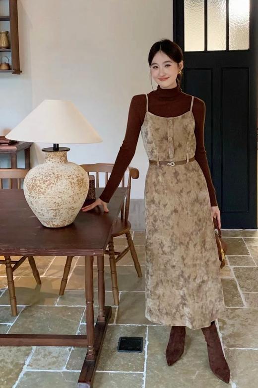 amadella 高级感收腰气质印花丝绒吊带连衣裙 21502 商品图0