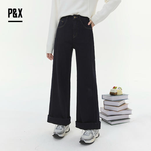 P&X设计师女装2025冬季加绒复古阔腿裤牛仔长裤825410162 藏蓝 商品图0