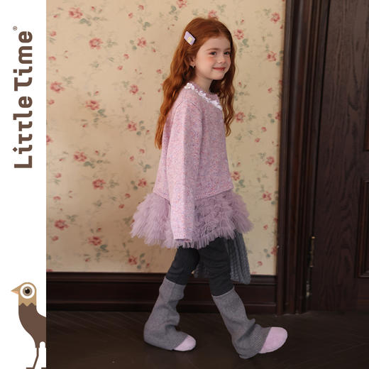 littletime女童毛衣2025秋冬新款花边拼接针织开衫裤子套装两件套 商品图2