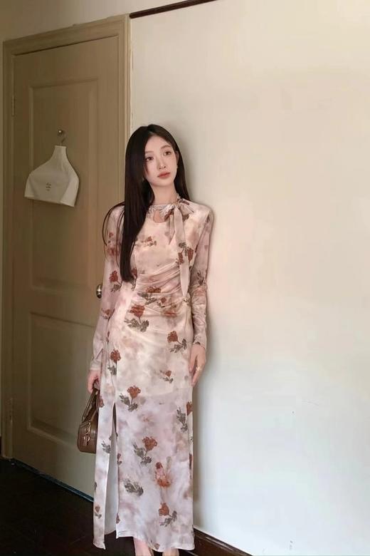 L.Fleuri 法式优雅气质开叉飘带印花丝绒连衣裙 21474 商品图1