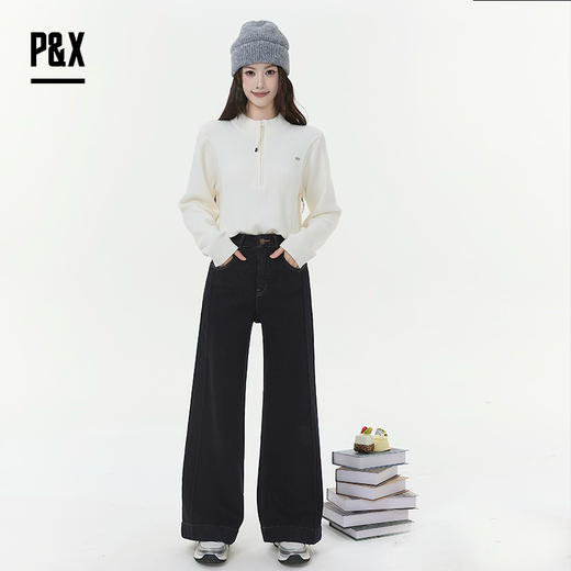 P&X设计师女装2025冬季加绒复古阔腿裤牛仔长裤825410162 藏蓝 商品图1