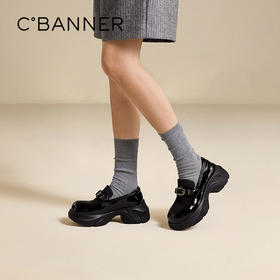 千百度漆皮厚底乐福鞋女增高黑色小皮鞋轻便深口单鞋A25423861