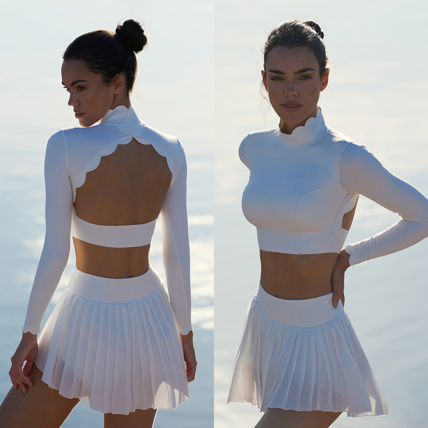 跃牌【菲芬之想】系列贝壳花边露背瑜伽服长袖紧身透气显瘦带胸垫运动跑步健身训练上衣8811