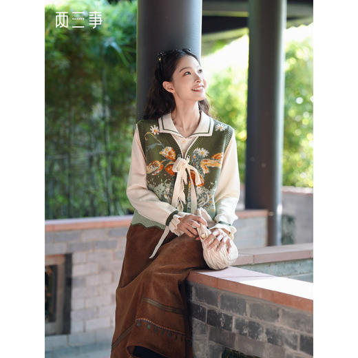 两三事 森系诗语 2025冬季新款复古绑带花色马夹假两件毛衣女宽松 商品图0