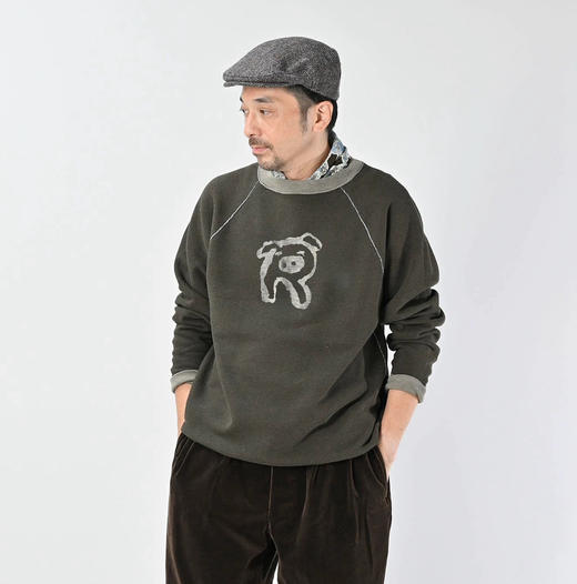 【秒杀价已调 直接拍】45R 日系 全棉撞色 男女同款 宽松插肩袖 前后小猪 猫肚肚感 薄绒 休闲印花 圆领卫衣 商品图0