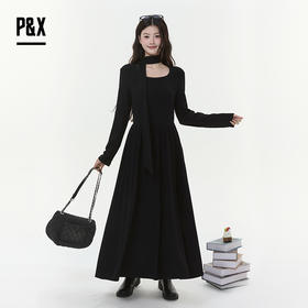 P&X设计师女装2025冬季小黑裙法式系针织连衣长裙 825408108 黑色