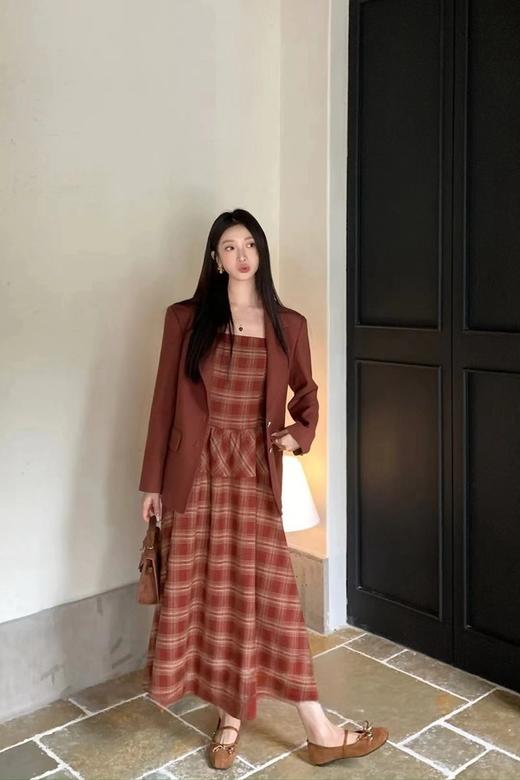 amadella 复古红色格子吊带收腰长款连衣裙 21515 商品图2