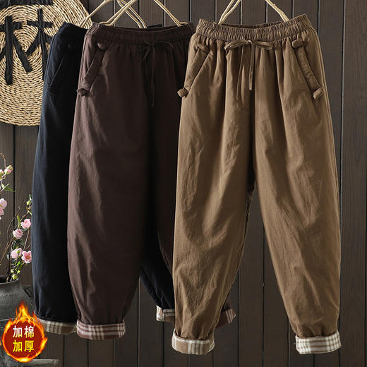 C063-6896 2025冬季复古全棉夹棉棉裤松紧腰显瘦哈伦裤保暖加厚休闲长裤 商品图0