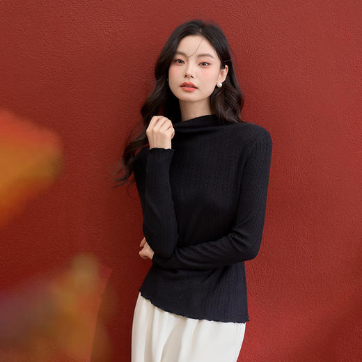 西遇木耳边半高领长袖T恤女冬季新款麦穗纹亲肤内搭针织衫V3955363 商品图4