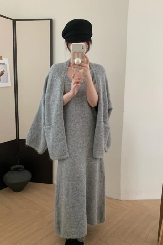 LNNNS 优雅灰调羊毛混纺慵懒风针织连衣裙+开衫套装 21402 商品图1