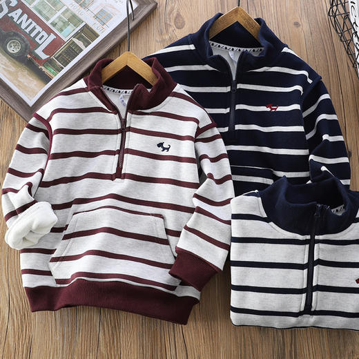110-170条纹一体奥利绒半拉链卫衣 商品图0