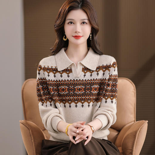 OSL 88607提花全羊毛女衫翻领时尚撞色条纹民族风洋气针织毛衣 商品图2