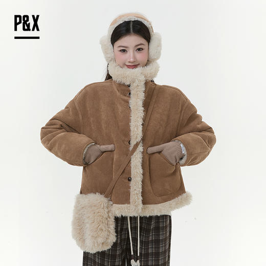 P&X设计师女装2025冬季羊羔绒皮毛一体短款外套 825413241 咖色 商品图0