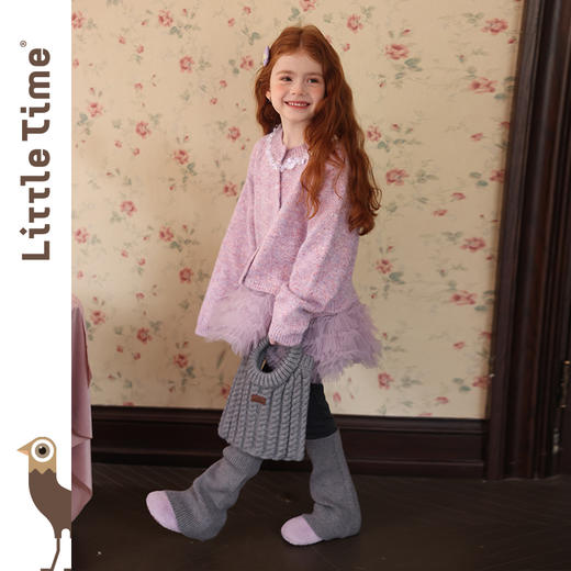 littletime女童毛衣2025秋冬新款花边拼接针织开衫裤子套装两件套 商品图1