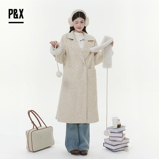 P&X设计师女装2025冬季宽松毛呢梭织长款外套825413236 燕麦色 商品图2