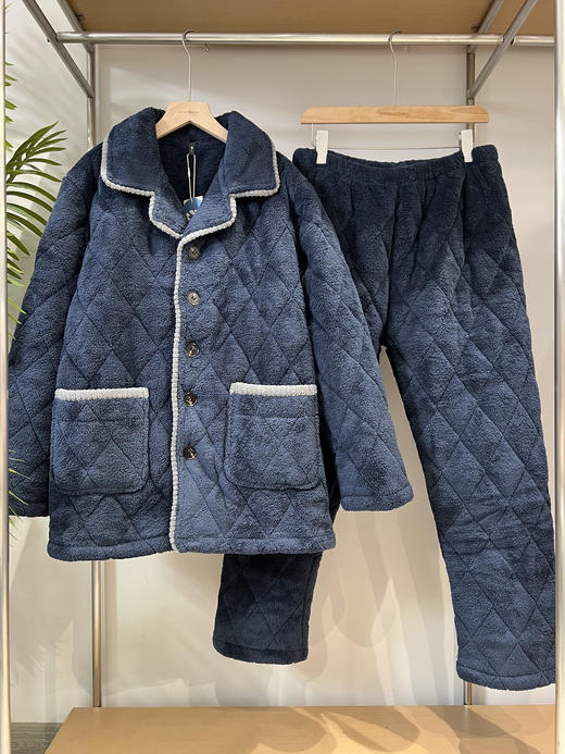 松植屋男款抗静电三层夹棉加厚棉袄套装男士睡衣家居服冬季棉服 商品图1