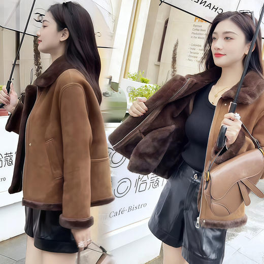 QYM 59119加绒加厚翻领皮毛一体防寒保暖宽松韩版外套 商品图1