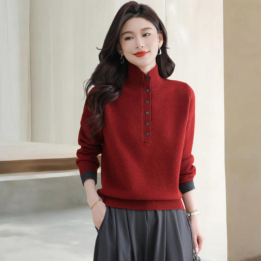 T8012-158日系半开领毛衣女套头打底衫2025秋冬新款高级针织衫宽松外穿上衣 商品图1