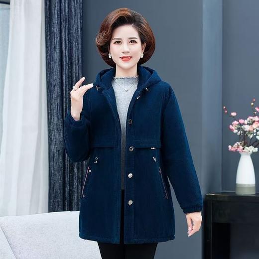中老年妈妈装冬装连帽棉袄灯芯绒宽松加厚外套中长款条绒棉衣棉服 商品图0