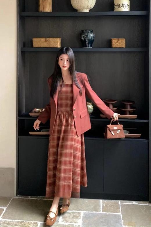 amadella 复古红色格子吊带收腰长款连衣裙 21515 商品图1