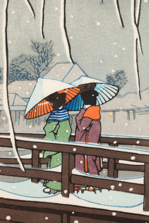 【已售】独角鹿西洋古董1932年日本昭和时代著名国宝级大师川濑巴水签名创作新版画《暮るる雪（江户川）》 商品图6