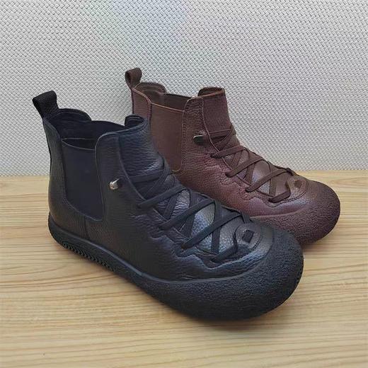 豪行冬季新款24468010复古真皮休闲女短靴软底软面女单靴平底防滑 商品图1