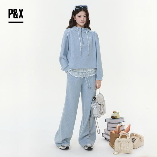 P&X设计师女装2025冬季慵懒风加绒时尚套装长裤 825414195 蓝色 商品图2
