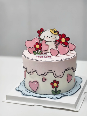 二次元漫画翻糖线条狗动物花花手绘蛋糕 -低糖处理无添加