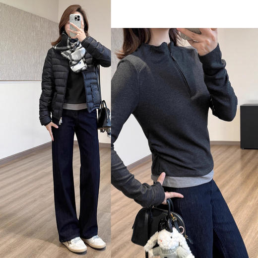 小蛮腰37°德绒暖T！2025显瘦正肩半拉链撞色显高长袖冬季打底！ 商品图2