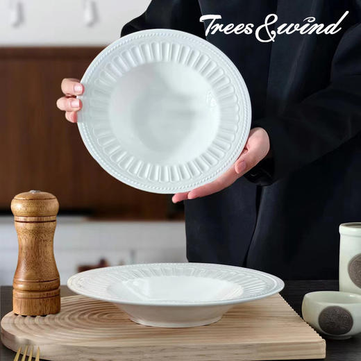 Trees&wind 精美浮雕螺纹釉下彩白磁盘高脚白瓷碗精致餐具 商品图1