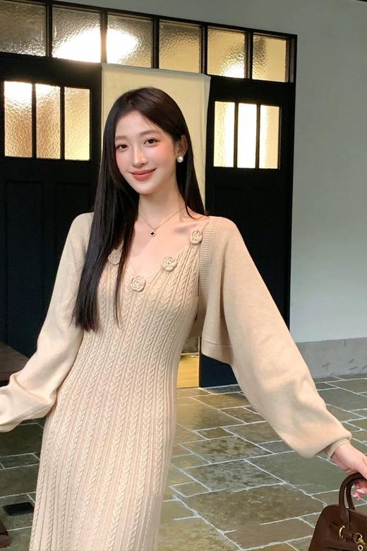 SIA SAYLOR 优雅提花针织浪漫钩花长款连衣裙披肩套装 21405 商品图3