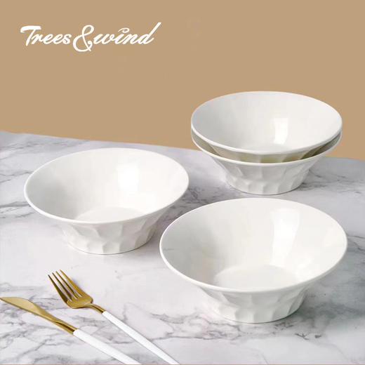 Trees&wind 精美浮雕螺纹釉下彩白磁盘高脚白瓷碗精致餐具 商品图4