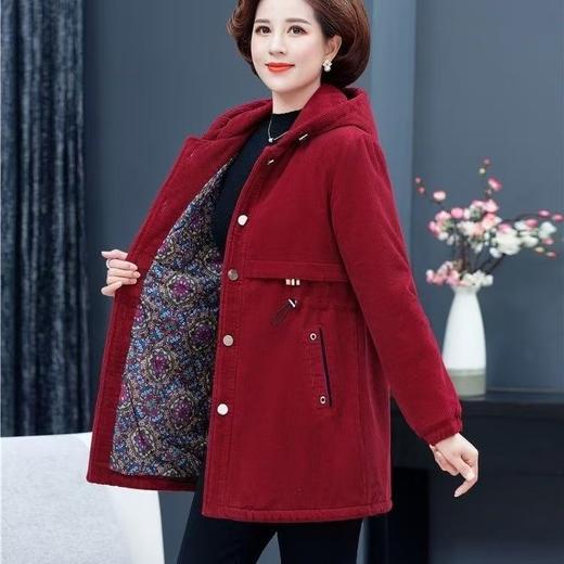 中老年妈妈装冬装连帽棉袄灯芯绒宽松加厚外套中长款条绒棉衣棉服 商品图1